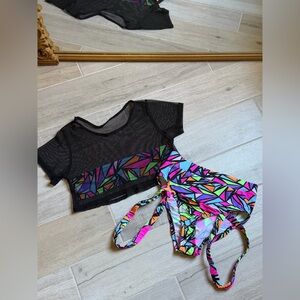 Sheer Black Crop Top with Vibrant Geometric Bottoms